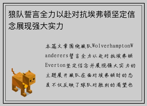 狼队誓言全力以赴对抗埃弗顿坚定信念展现强大实力
